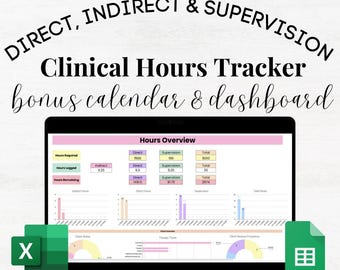May include: A laptop screen displaying a Google Sheets spreadsheet with a pink, yellow, and blue color scheme. The spreadsheet is titled "Clinical Hours Tracker" and includes a section labeled "Hours Overview" with columns for "Direct", "Supervision", and "Total".