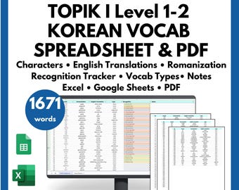 TOPIK I Level 1-2 Beginner Korean Vocabulary List Spreadsheet Tracker Test Vocab topik I Exam English Translation Korean Word List Excel PDF