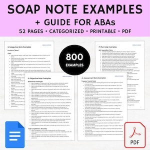 Frasi di note SOAP ABA in formato PDF, nota sui progressi ABA, nota di sessione ABA, nota di sessione RBT, nota SOAP BCBA, note ABA, note sulla terapia ABA, note RBT