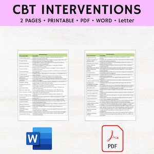 May include: A printable document titled "CBT INTERVENTIONS" with two pages of content. The document includes a list of interventions, a Word icon, and a PDF icon. The document is designed for educational or therapeutic purposes.