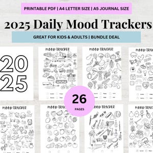 2025 dagelijkse Mood Tracker-bundel afdrukbaar Mood Log voor kinderen Bullet Journal-pagina's voor volwassenen Mood Log-werkbladen Mood Log pdf-pdf Mood Tracker afdrukbaar