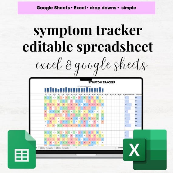 Symptom Tracker Excel Google Sheets, Monthly Symptom Frequency Tracker, Medical Diary Chronic Symptom Log Daily Symptom Severity Spreadsheet