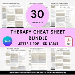 以下が含まれることがあります： 「Therapy Cheat Sheet Bundle」と「30 Therapies」のテキストが入ったセラピーチートシートのバンドル。シートはPDF形式で編集可能です。デザインにはCanvaのロゴと「Easy to Print | Customize with your own name | US Letter | Instant Download」のテキストが含まれています。