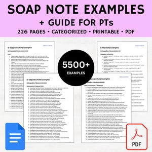 Puede incluir: Un documento blanco con el título "SOAP NOTE EXAMPLES + GUIDE FOR PTS" y el texto "226 PAGES • CATEGORIZED • PRINTABLE • PDF." El documento incluye ejemplos y un círculo grande con "5500+ EXAMPLES."