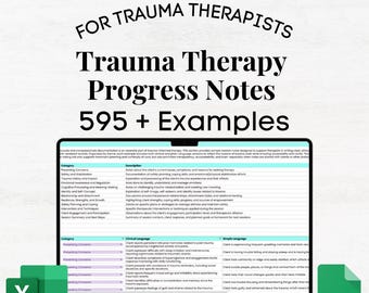 May include: A laptop screen displays a spreadsheet titled "Trauma Therapy Progress Notes" with 595+ examples. The screen shows a table with categories and descriptions, along with the text "Google Sheets • Excel • 595+ notes • editable • categorized".