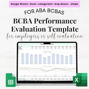Op de afbeelding: Een laptopscherm toont een sjabloon voor prestatie-evaluatie voor ABA BCBAs. De sjabloon bevat grafieken en diagrammen, met de tekst "BCBA Performance Evaluation Template for employers or self evaluation". De afbeelding bevat ook de tekst "Google Sheets • Excel • categorized • drop downs • simple".