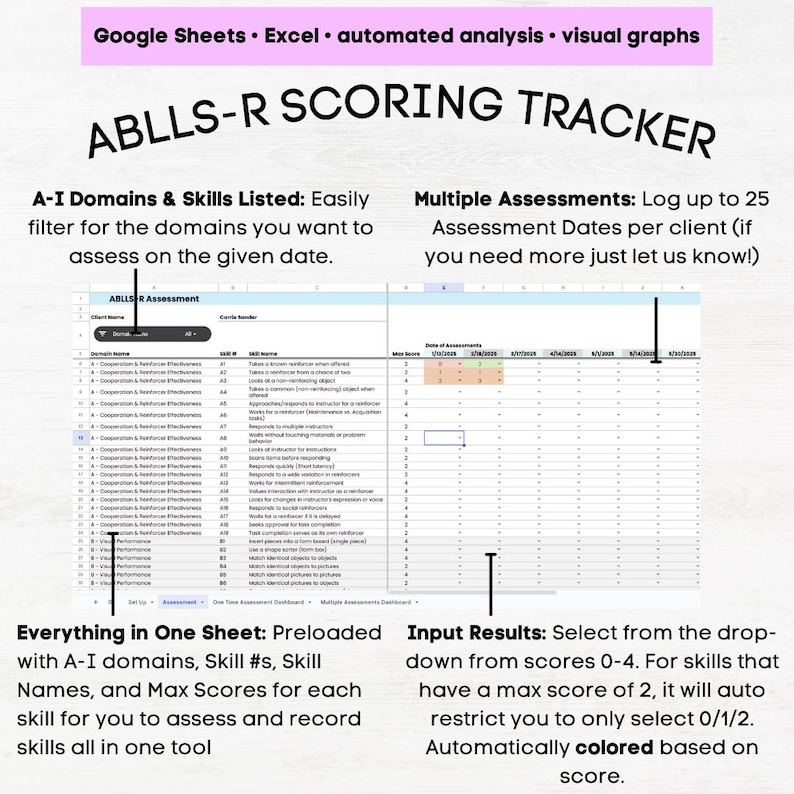 ABLLS-R A-I Assessment Sheet, ABLLS R Tracking Sheets Excel & Google ...