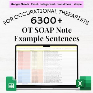 May include: A laptop screen displays a spreadsheet with the text "OT SOAP Note Example Sentences" and "6300+". The image includes the words "Google Sheets", "Excel", and "Occupational Therapists". A green Excel icon and a red "X" icon are also visible.