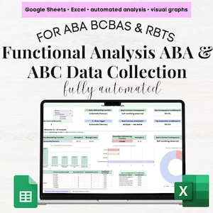 May include: A laptop screen shows a data analysis dashboard with charts and graphs. The text on the screen reads "Functional Analysis ABA & ABC Data Collection fully automated." The image also includes the text "Google Sheets, Excel, automated analysis, visual graphs."