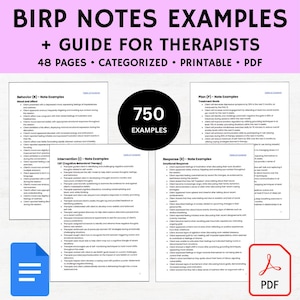 Könnte beinhalten: Ein druckbarer PDF-Leitfaden für Therapeuten mit BIRP-Notizen-Beispielen. Das Cover zeigt den Text "BIRP NOTES EXAMPLES + GUIDE FOR THERAPISTS" und "48 PAGES • CATEGORIZED • PRINTABLE • PDF". Ein schwarzer Kreis zeigt "750 EXAMPLES".