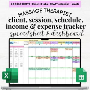 Op de afbeelding: Een laptopcomputer die een Google Sheets-spreadsheet weergeeft met een maandelijks overzicht van de planning van een massagetherapeut, cliëntafspraken en het bijhouden van inkomsten en uitgaven. De spreadsheet heeft tabbladen voor "Gepland", "Aanwezig", "Geannuleerd", "Niet verschenen" en "Extra status".