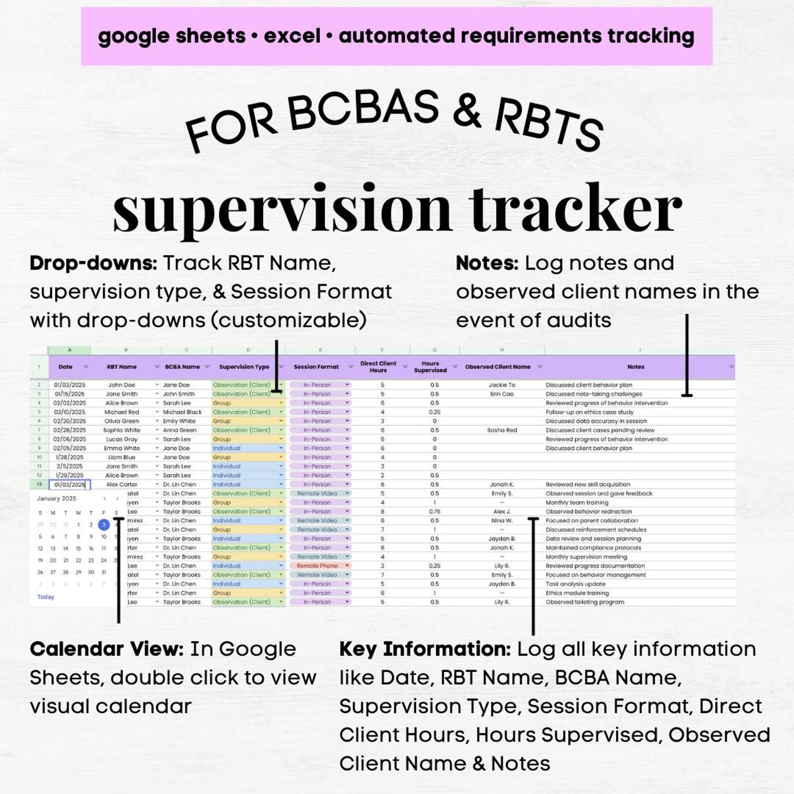 Best Rbt Tracker BCBA RBT Supervision Log for Multiple Rbts, Bcba Therapist Aba, Rbt Aba ...