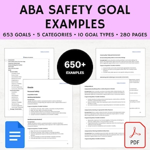 May include: A digital document titled ABA SAFETY GOAL EXAMPLES featuring 653 goals, 5 categories, 10 goal types, and 280 pages. The layout displays multiple pages of text with headers like Personal Safety, Independence, and Community/Natural Environment.