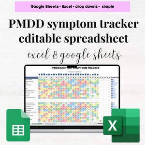 May include: A laptop computer displaying a spreadsheet titled "PMDD Monthly Symptoms Tracker". The spreadsheet is color-coded and includes a list of symptoms, days of the month, and severity ratings. The image also includes icons for Google Sheets and Microsoft Excel.
