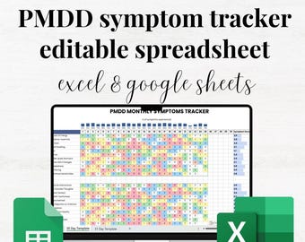 PMDD Symptom Tracker Excel Spreadsheet | Yearly Monthly Symptom Tracker Sheet Premenstrual Dysphoric Disorder Symptom Tracker Google Sheets