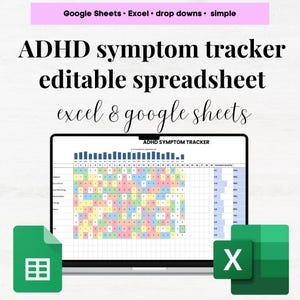 Può includere: Un computer portatile che mostra un foglio di calcolo intitolato "ADHD Symptom Tracker". Il foglio di calcolo è codificato a colori e ha colonne per diversi sintomi e giorni del mese. Il foglio di calcolo è progettato per l'uso con Google Sheets ed Excel.