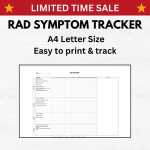 May include: A printable RAD symptom tracker in A4 letter size. The tracker includes a list of symptoms and a grid for tracking them over time.  The text "RAD TRACKER" is at the top of the tracker.