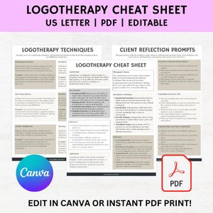 Può includere: Un cheat sheet stampabile con sfondo blu chiaro e testo bianco. Il cheat sheet è intitolato "Logotherapy Cheat Sheet" e fornisce un elenco di tecniche e suggerimenti di riflessione per la logoterapia, una forma di psicoterapia che si concentra sulla ricerca di significato nella vita.
