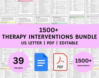 Puede incluir: Un gráfico rosa y blanco con el texto "1500+ THERAPY INTERVENTIONS BUNDLE US LETTER | PDF | EDITABLE" e imágenes de un icono de Google Docs, un icono de PDF y los números "39 therapies" y "1500+ interventions".