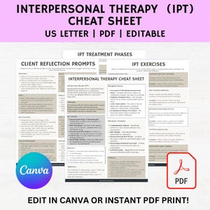 May include: A printable cheat sheet for Interpersonal Therapy (IPT) with a blue and white colour scheme. The cheat sheet includes client reflection prompts, IPT treatment phases, and IPT exercises. The document is editable and can be printed in US Letter size.