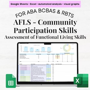 May include: A laptop screen showing a spreadsheet with data analysis and visual graphs. The text on the screen reads "AFLS - Community Participation Skills Assessment of Functional Living Skills." The image also includes the text "Google Sheets Excel automated analysis visual graphs."
