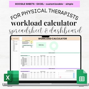 May include: A laptop displaying a workload calculator spreadsheet and dashboard, designed for physical therapists. The screen shows data tables and charts, with the text "WORKLOAD CALCULATOR" and "103% FULL". The image also includes the text "GOOGLE SHEETS • EXCEL • customizable • simple".