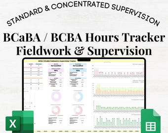May include: A laptop displaying a BCBA/BCaBA Hours Tracker for Fieldwork & Supervision. The screen shows data insights, charts, and graphs. The image includes the text "Google Sheets • Excel • 5 tabs • data insights • simple" and "STANDARD & CONCENTRATED SUPERVISION".