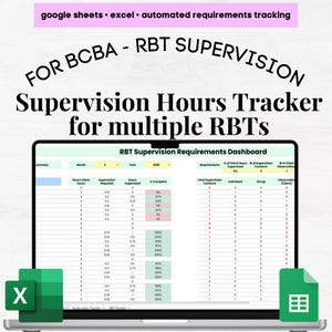 May include: A laptop displaying a spreadsheet titled "RBT Supervision Requirements Dashboard" for tracking supervision hours. The screen shows data tables with columns for direct client hours, supervision required, and contacts. The text "FOR BCBA - RBT SUPERVISION" is at the top.