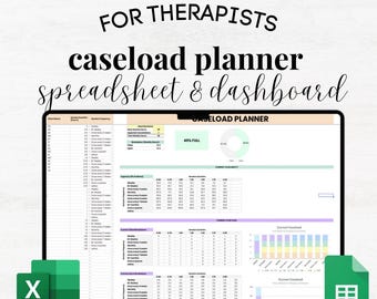 Peut inclure: Un écran d'ordinateur portable affichant un tableur Google Sheets et un tableau de bord pour les thérapeutes afin de planifier leur charge de travail. Le tableur comprend des colonnes pour le nom du client, la durée de la réunion, la fréquence et le nombre total d'heures mensuelles. Le tableau de bord affiche un diagramme circulaire de la capacité de charge de travail et un graphique à barres de la charge de travail actuelle.