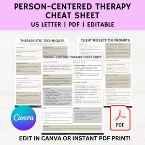Puede incluir: Una hoja de trucos imprimible para la terapia centrada en la persona. La hoja incluye técnicas terapéuticas, indicaciones de reflexión para los clientes y una descripción del proceso terapéutico. La hoja de trucos está diseñada para ser editada en Canva o impresa como PDF.