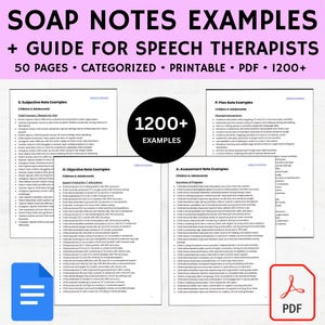 Puede incluir: Una guía en PDF imprimible para logopedas, con ejemplos de notas SOAP. El documento incluye 50 páginas, contenido categorizado y más de 1200 ejemplos. La portada es blanca con texto negro y morado.