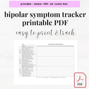 May include: A printable PDF tracker for monitoring bipolar symptoms. The tracker includes a list of symptoms, a severity scale, and a calendar for tracking symptoms over time. The title of the tracker is "Bipolar Monthly Symptom Tracker".