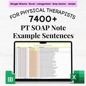 Puede incluir: Una pantalla de portátil muestra una hoja de cálculo con el texto "FOR PHYSICAL THERAPISTS 7400+ PT SOAP Note Example Sentences." El banner superior dice "Google Sheets • Excel • categorized • drop downs • simple." Se ven iconos verdes de Excel y X.