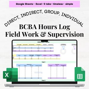 Peut inclure: Un ordinateur portable affichant une feuille de calcul intitulée "BCBA Hours Tracker". La feuille de calcul est divisée en sections pour les heures directes, indirectes, de groupe et individuelles. La feuille de calcul comprend également une section pour les heures de supervision. La feuille de calcul est conçue pour aider à suivre les heures pour un BCBA.
