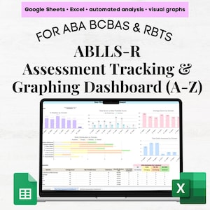 Könnte beinhalten: Ein Laptop-Bildschirm zeigt ein Dashboard mit Diagrammen und Grafiken zur Bewertungserfassung. Der Text auf dem Bildschirm lautet "ABLLS-R Assessment Tracking & Graphing Dashboard (A-Z)". Das Bild enthält auch den Text "FOR ABA BCBAS & RBTS" und "Google Sheets • Excel • automated analysis • visual graphs".