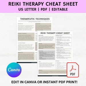 May include: A Reiki Therapy Cheat Sheet with the text "US Letter | PDF | Editable." The document includes sections on therapeutic techniques, hand positions, and breathing exercises. The Canva and PDF logos are also visible.