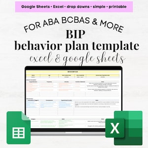 Puede incluir: Un ordenador portátil que muestra una plantilla de hoja de cálculo para un plan de intervención conductual (BIP). La plantilla se titula "Plan de comportamiento" e incluye columnas para la descripción del comportamiento, la frecuencia, la intensidad, la duración del comportamiento, los antecedentes, las consecuencias y la función hipotética. La hoja de cálculo está diseñada para su uso con Google Sheets y Excel. La imagen también incluye iconos para Google Sheets y Excel.