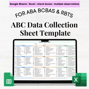 Può includere: Un modello di foglio di raccolta dati ABC, progettato per ABA BCBAS e RBTs, viene visualizzato sullo schermo di un laptop. Il modello include sezioni per posizione, antecedente, comportamento e conseguenze. Sono visibili anche le icone di Google Sheets ed Excel.