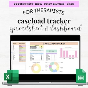 Op de afbeelding: Een laptopscherm met een Google Sheets-spreadsheet en dashboard voor therapeuten om hun caseload bij te houden. De spreadsheet bevat namen van cliënten, sessiefrequentie en andere details. Het dashboard toont een cirkeldiagram en een staafdiagram die de caseloadcapaciteit en de huidige caseload weergeven.
