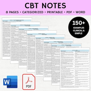 May include: A collection of CBT Notes pages, labelled "CBT NOTES". The pages are categorised and printable in PDF and Word formats, with over 150 examples. The image also includes the Word and PDF icons.