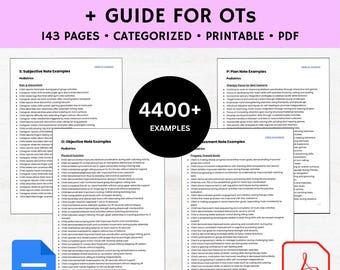 May include: A printable PDF guide for Occupational Therapists (OTs) with SOAP note examples. The document includes 143 pages of categorized examples, with over 4400 examples. The guide is designed to assist in creating effective notes.