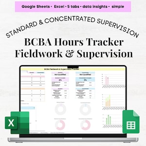 May include: A laptop displays a spreadsheet titled "BCBA Hours Tracker Fieldwork & Supervision." The screen shows data insights, charts, and tables. The image includes the text "Google Sheets • Excel • 5 tabs • data insights • simple" and "STANDARD & CONCENTRATED SUPERVISION."