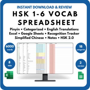 Foglio di calcolo del vocabolario HSK 1-6 Elenco del vocabolario Hsk 1-6 excel Vocabolario Hsk 1-6 Elenco del vocabolario Hsk 1-6 Parole Hsk 1-6, vocabolario Hsk 1-6