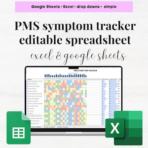 Może przedstawiać: Ekran laptopa wyświetla arkusz kalkulacyjny śledzenia objawów PMS. Arkusz kalkulacyjny jest kodowany kolorami i zawiera tekst "PMS symptom tracker editable spreadsheet excel & google sheets". Widoczne są również zielone ikony Google Sheets i Excel.