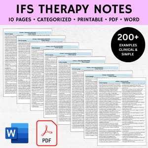May include: A collection of printable IFS Therapy Notes, including 10 categorized pages in PDF and Word formats. The image features multiple pages with clinical and simple examples, along with the text "200+ EXAMPLES CLINICAL & SIMPLE".