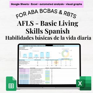May include: A laptop screen shows a spreadsheet with charts and data, labelled "ASSESSMENT OF FUNCTIONAL LIVING SKILLS (AFLS)". Text above reads "FOR ABA BCBAS & RBTS AFLS - Basic Living Skills Spanish". The image includes Google Sheets and Excel logos.