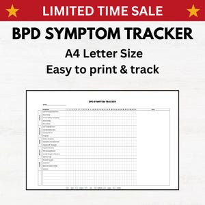 Op de afbeelding: Een zwart-witte, afdrukbare BPD-symptoomtracker in A4-formaat. De tracker bevat een lijst met symptomen en een raster om de frequentie ervan in de loop van de tijd bij te houden. De tekst "BPD Symptom Tracker" staat bovenaan de pagina.
