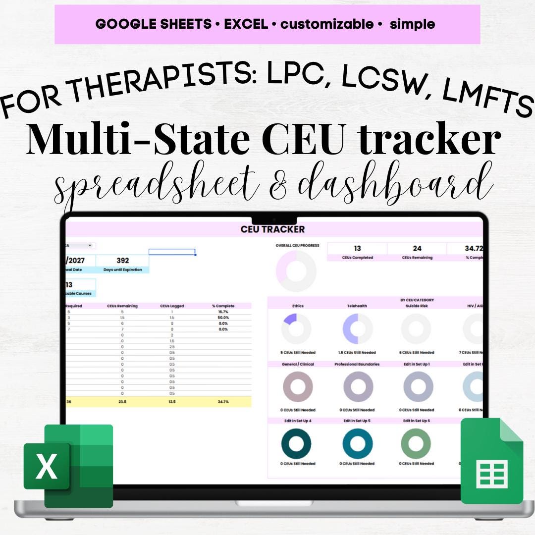 Multiple State CEU Tracker for Therapists, Ceu Tracker Social Work, CEU ...