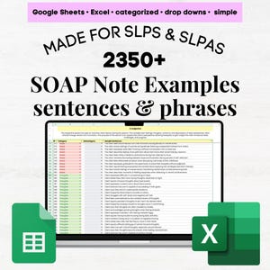 Puede incluir: Una pantalla de portátil muestra una hoja de cálculo con ejemplos de notas SOAP. La imagen incluye el texto "MADE FOR SLPS & SLPAS" y "2350+ SOAP Note Examples sentences & phrases." También se ven iconos verdes de Excel y Google Sheets.