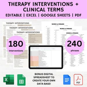 May include: A digital product listing for 180 therapy interventions and 240 phrases, with a bonus digital spreadsheet to create your own database. The image shows a computer screen displaying a spreadsheet, a green Excel icon, a blue Google Sheets icon, and a red PDF icon.